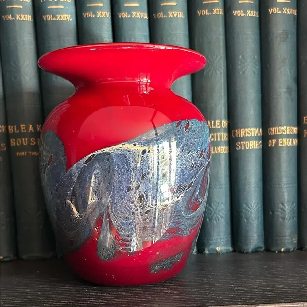 Michael Nourot Vintage Red Art Glass Vase with Colored Swirl, Signed by Artist